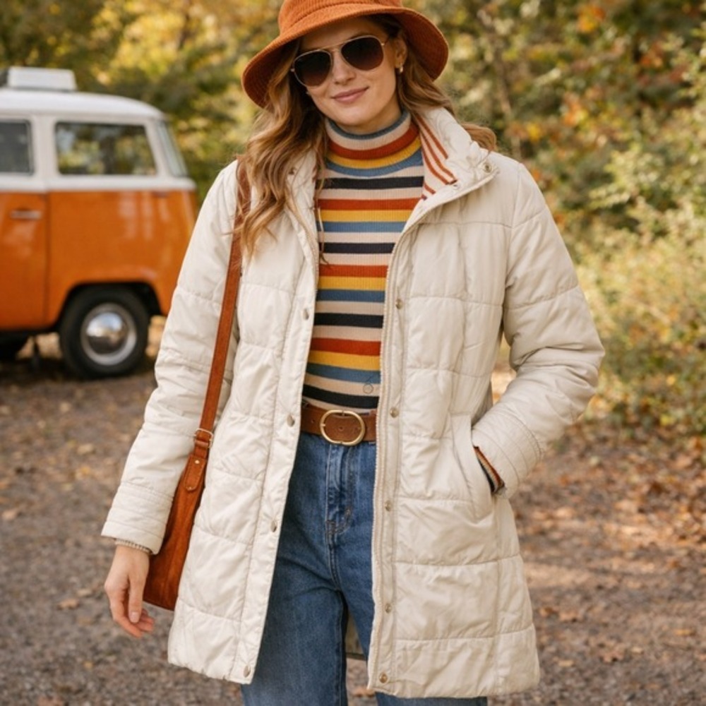 Vintage 1970s–80s Lee Quilted Puffer Coat Parka Small Striped‎ Ribbed Collar